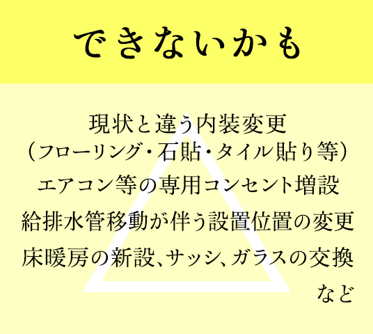 できないかも 現状と違う内装変更（フローリング・石貼・タイル貼り等）、エアコン等の専用コンセント増設、給排水管移動が伴う設置位置の変更、床暖房の新設、サッシ、ガラスの交換など
